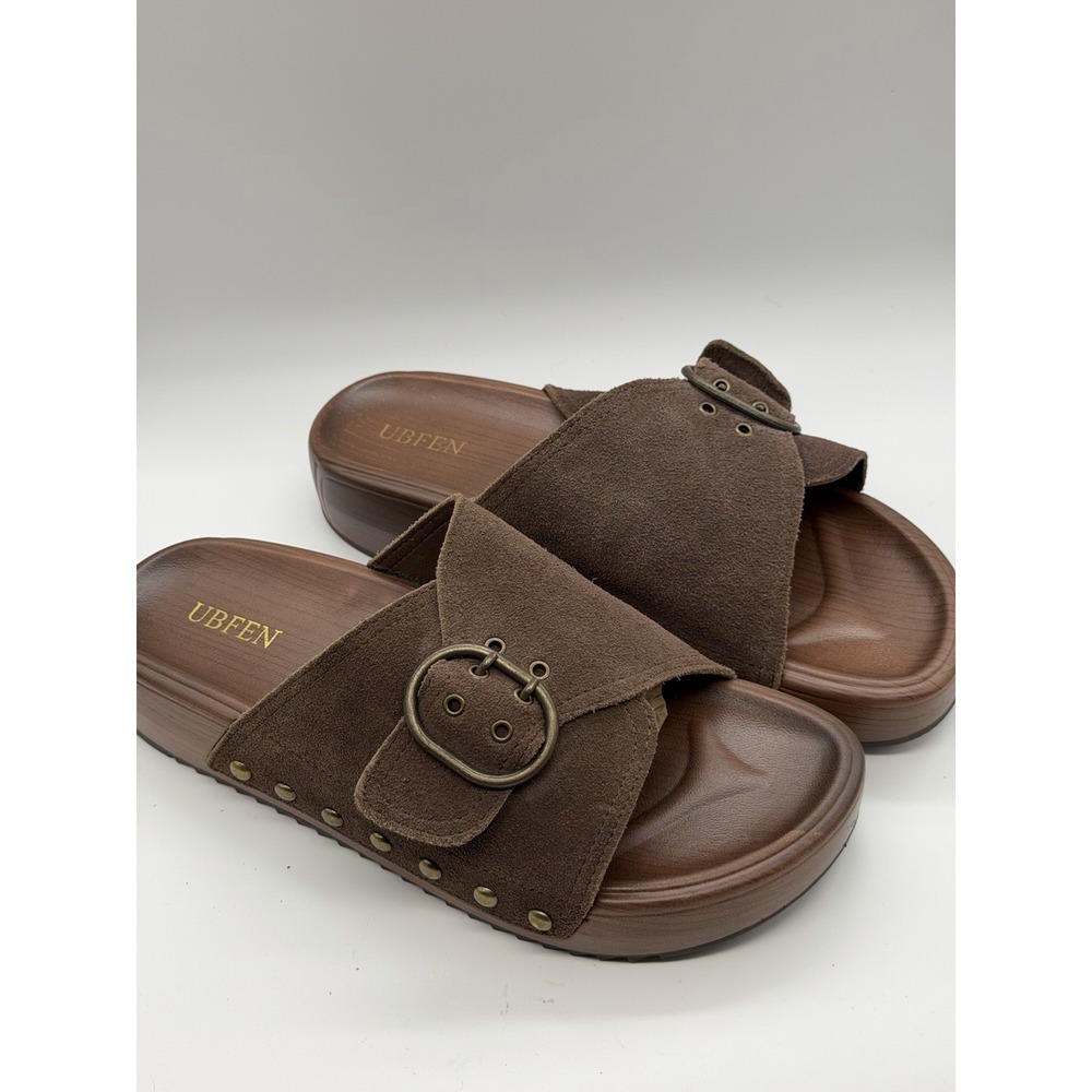 Ubfen Womens 8.5 Brown Faux Suede Slide On Buckle Cushioned Platform Sandals